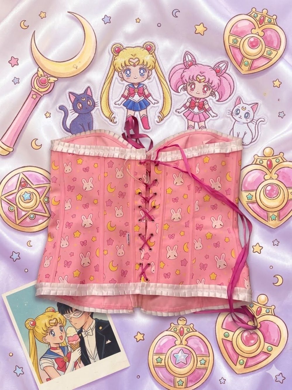 Pink Bunny Print Lace-Up Corset Top - Kids Bottoms